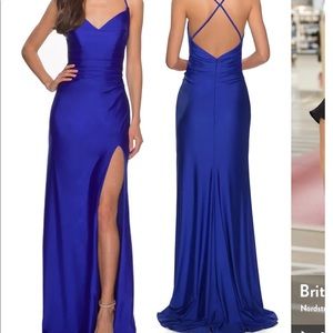 La Femme Cross Back Satin Jersey Trumpet Gown. Royal blue. Size 2